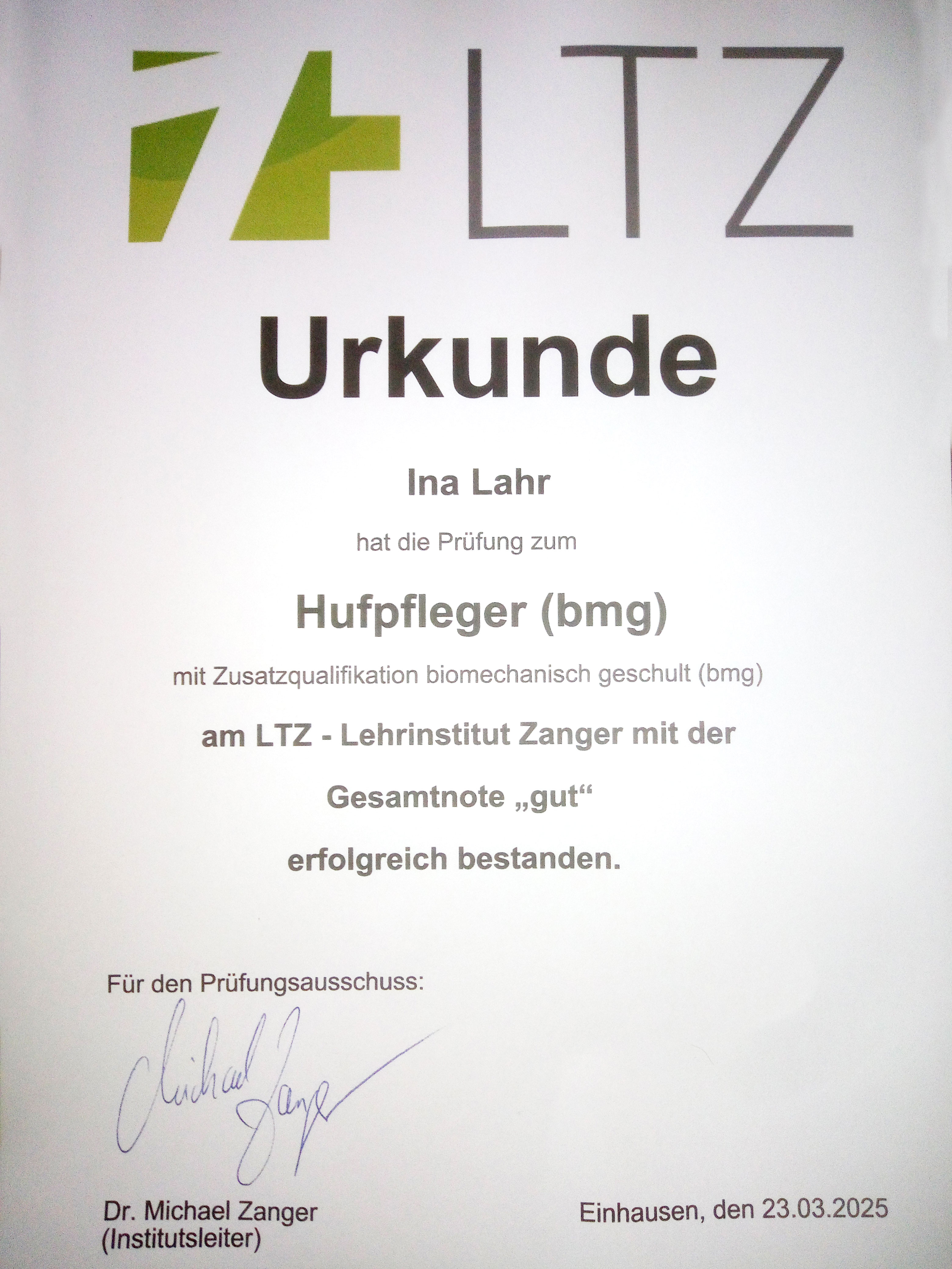 Zertifikat Hufpfleger