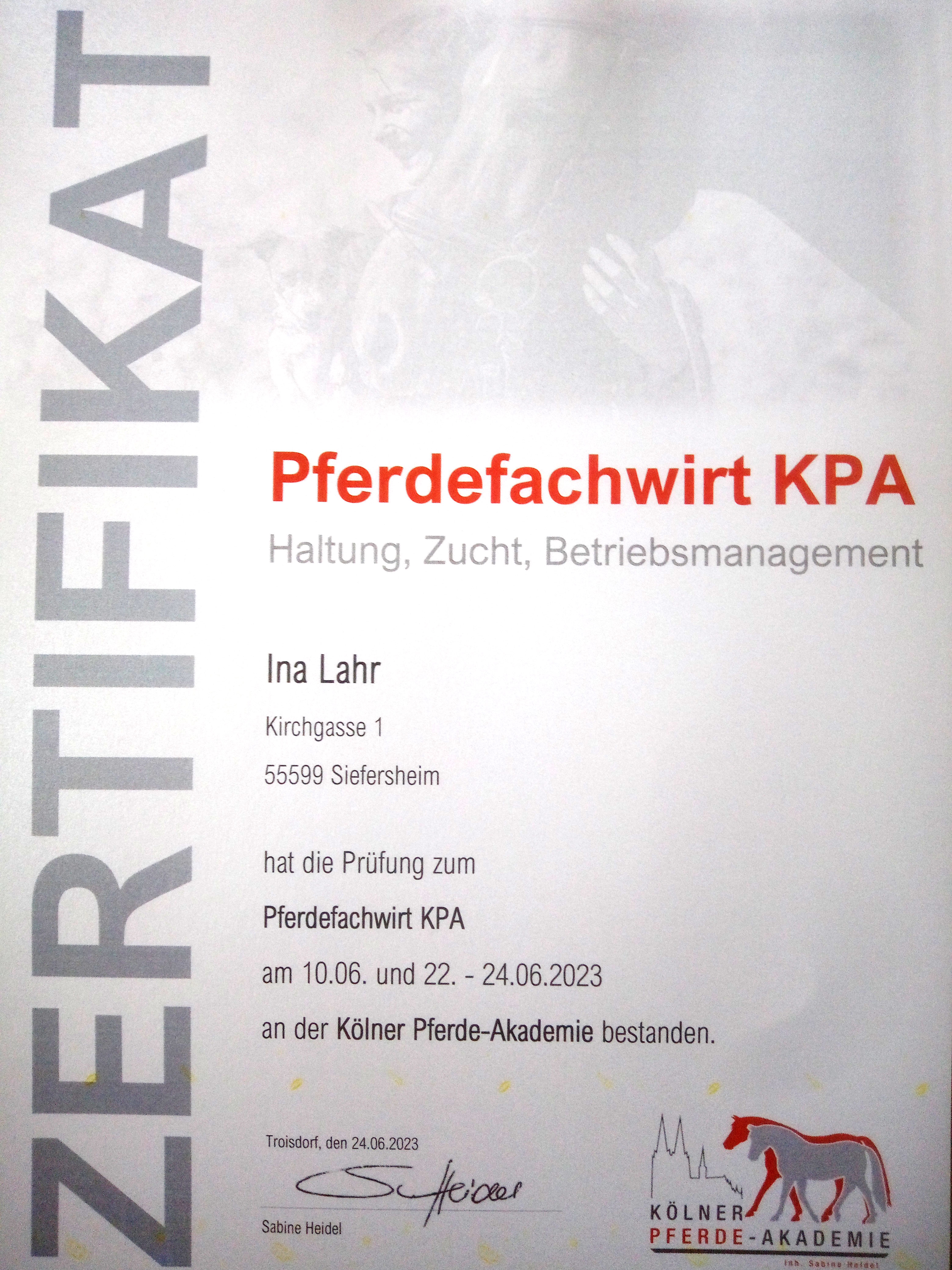 Zertifikat Pferdefachwirt